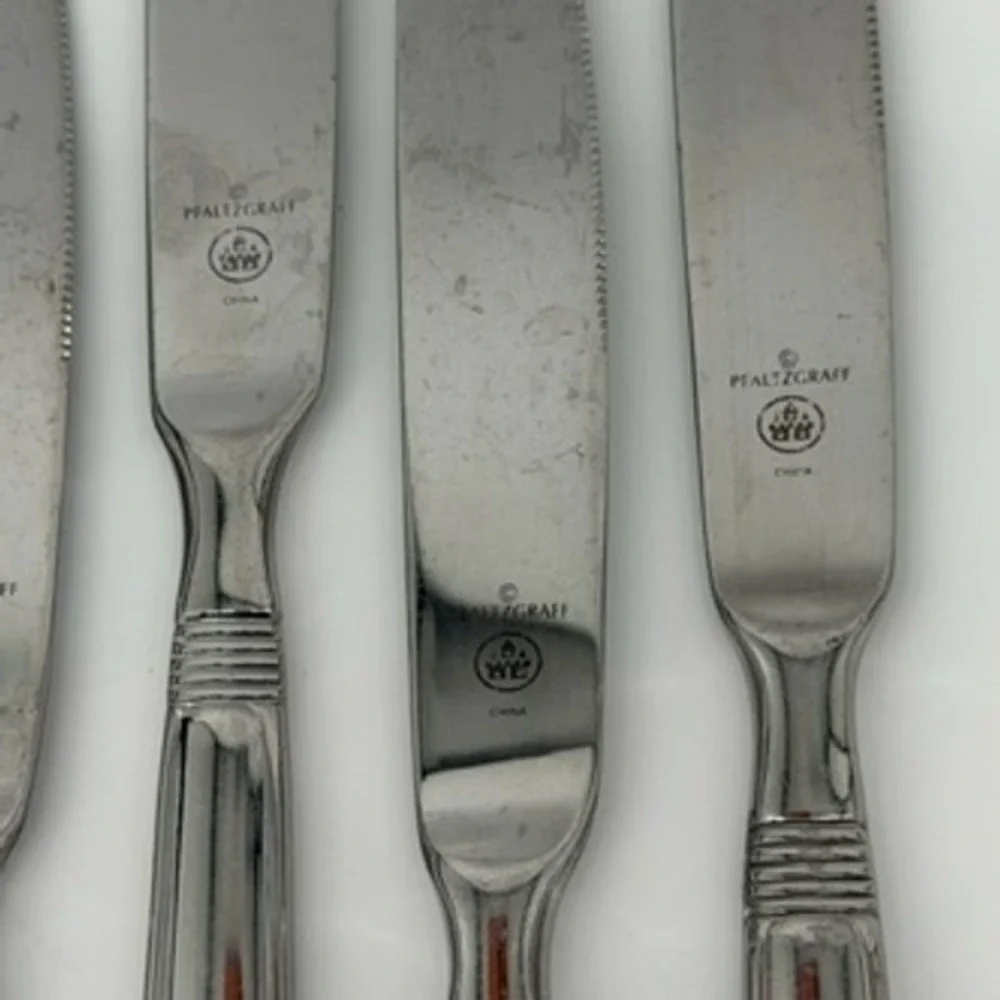 Pfaltzgraff Kenilworth Stainless Steel Dinner Knives Ribbed Neck Set of 6 Silver